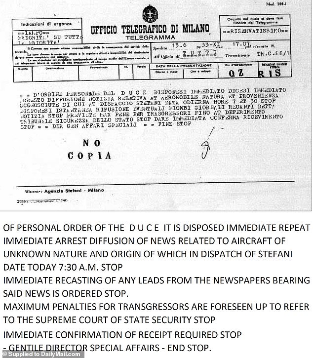 The documents include two June 1933 telegrams in Italian demanding 'absolute silence' over an 'alleged landing on national soil of unknown aircraft'