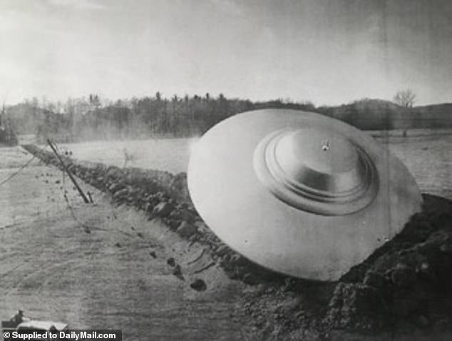 An artist's impression of the alleged 1933 UFO crash outside Magenta in northern Italy shows a craft shaped like a saucer
