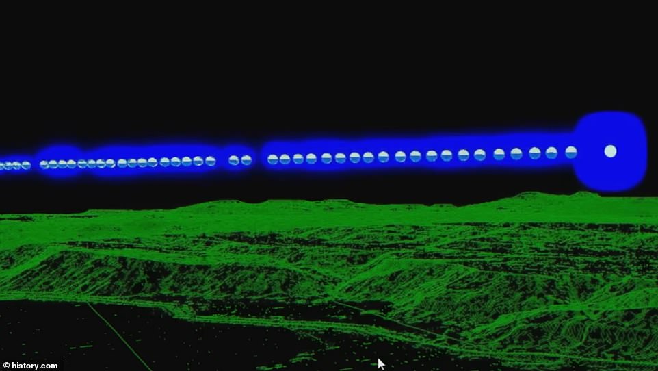 'Right - but they're moving at about., said Erik. 'So we've got four things. It never changes its appearance. It always seems to be this rectangular, dark-on-top, light-on-bottom.' 'I don't see anything like wings flapping around at all. And it's not moving like an aircraft but something but much faster.' Travis noted the sudden appearance of one UFO directly above a triangular airspace, coinciding with previous observations of strange circular patterns detected by advanced technology on the ranch. 'It's speeding way up,' Erik added. 'And it seems to be diving. But that's not all it's gonna do.' 'That thing is basically in the triangle airspace.'