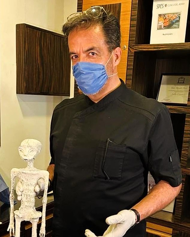 While a legal battle to move some of the mummies drags on, testing continues in Mexico, where one of Maussan's research collaborators, Dr Martín Achirica Ramos (pictured) of the alternative health clinic SPES in Mexico City, has worked on the team's other 'alien' mummies