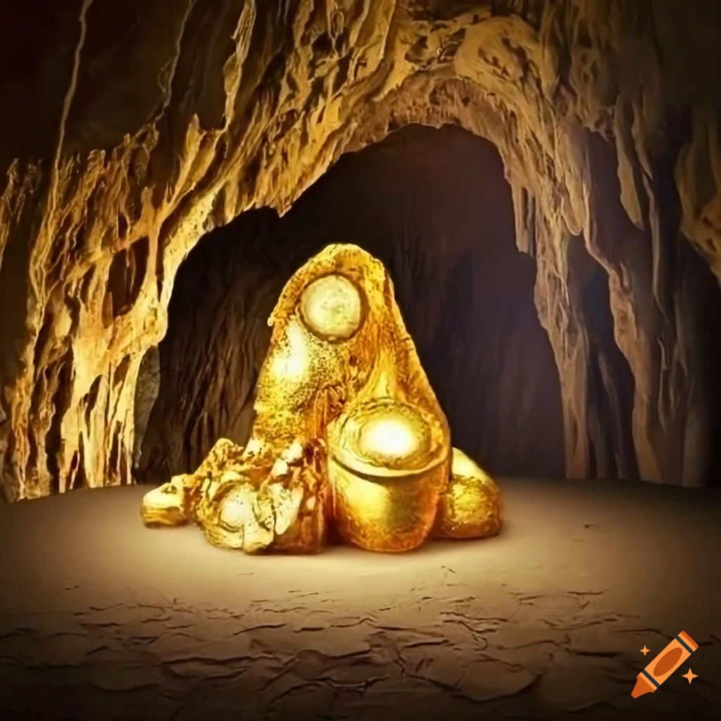 Photo of glittering golden treasures in a cave on Craiyon