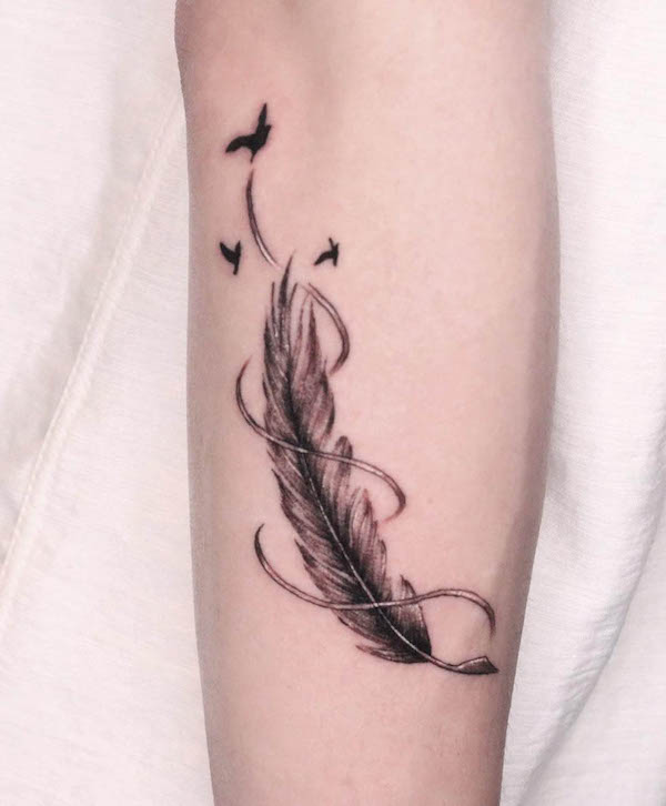 Magical feather and birds tattoo by @saebom_tattoo
