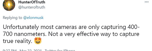 Another Twitter user explains that most cameras 'are only capturing 400-700 nanometers' and are not capable of capturing 'true reality.'