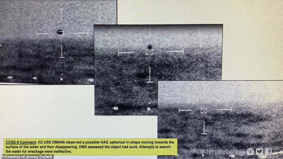 Contrary to the official Navy version of events, the shocking claims raise the prospect that the craft filmed and caught on radar about 100 miles off the San Diego coast were either incredibly advanced foreign technology, or something otherworldly. 'We don't know yet what exactly these craft were. But whatever they are, their abilities and presence alone represents a serious national security issue and shouldn't be dismissed out of hand,' Corbell told DailyMail.com. Pictured: Still images from a video show a spherical object diving into the Pacific Ocean off the coast of California. Jeremy Corbell says the video shows 'FLIR [forward looking infrared] data' that is complimented by the radar footage.