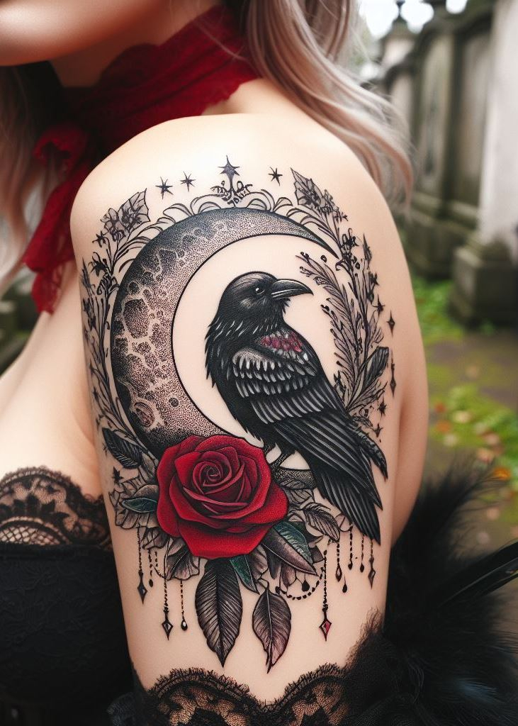 Embrace the mystique of raven tattoos—their jet-black plumage whispers secrets of magic and transformation. Pair them with elemental symbols—earth, air, fire, and water—for a spellbinding ink masterpiece.