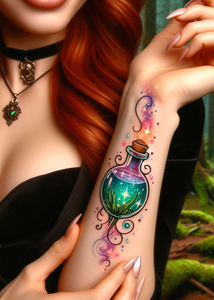 Bottled dreams: Potion tattoos blend magic, intention, and artistry.