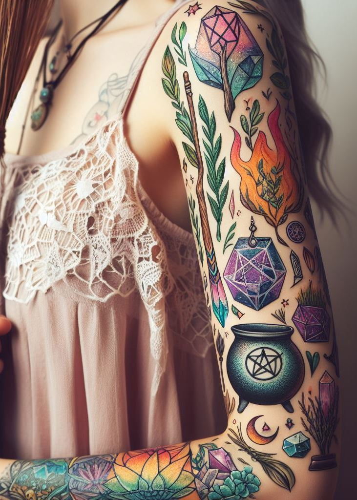 Witchy elegance: pentagrams, celestial motifs, and the magic of ink. Your arm dances with cosmic energy.