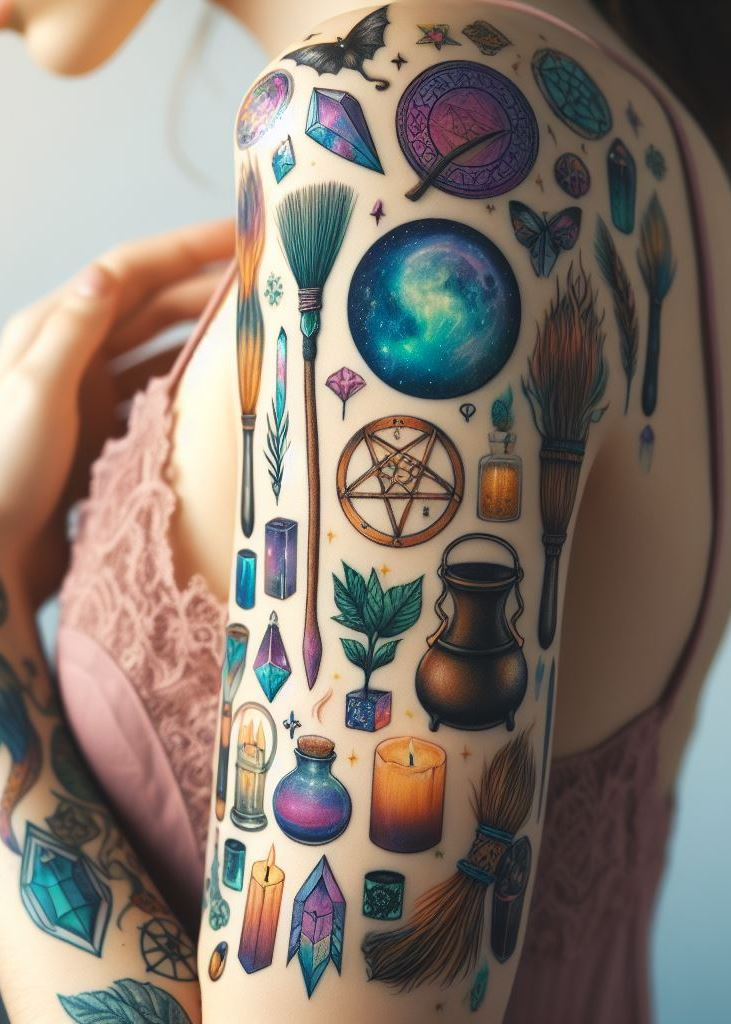 Ink your arm with pentacles and moon phases—a tribute to the sacred, the mystical, and the witchy.