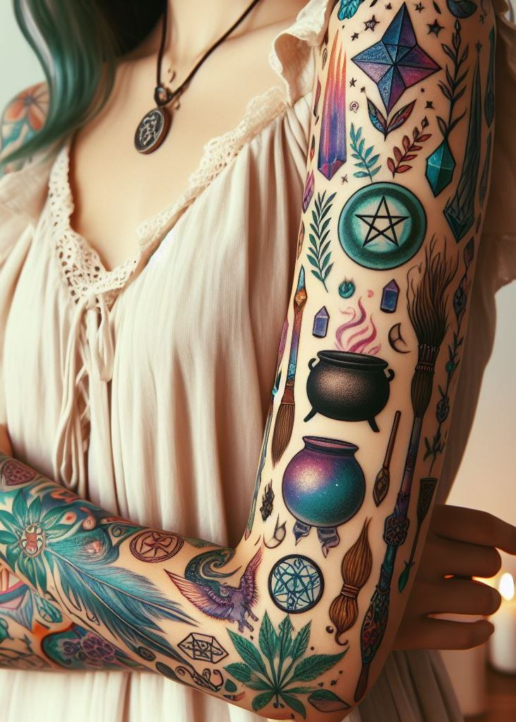 Channel your inner mystic with a sacred pentagon arm tattoo—a symbol of protection, power, and Wiccan beliefs. Let your skin tell the story of ancient magic.