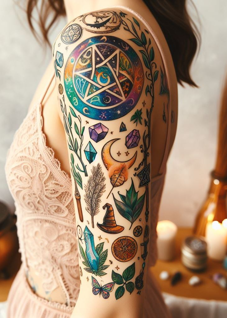 Ink your arm with the pentagram, a timeless emblem of Wiccan spirituality. It’s not just a tattoo; it’s a connection to the sacred forces that shape our world.