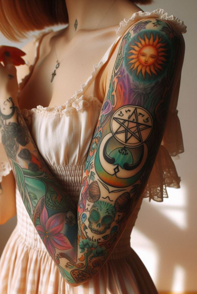 As the moon waxes and wanes, so does our connection to the divine. Capture lunar magic with a pentagram arm tattoo.