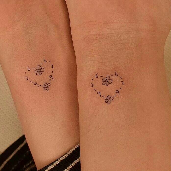 11 Tatuajes Pequenos Minimalistas Emparejados corazon con numeros alrededor en muenca