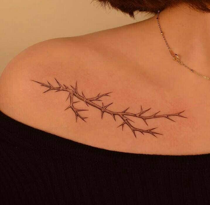 447 Tatuajes aesthetic Bellos pequenos minimalistas Rama con espinas en Clavicula