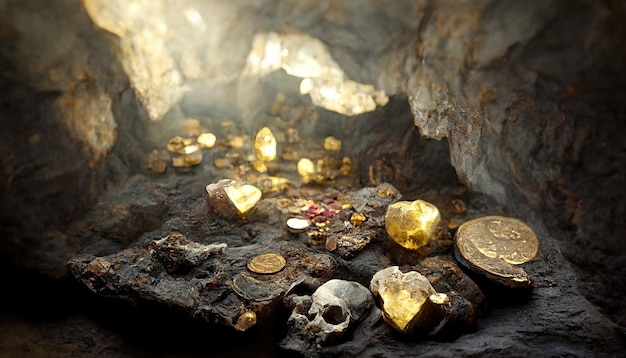 Premium Photo | Ancient treasure hidden in a cave Gold coins and nuggets gems yellow lights diamonds lying on stones chest old ruby Fiction concept 3D artwork raster background for business and