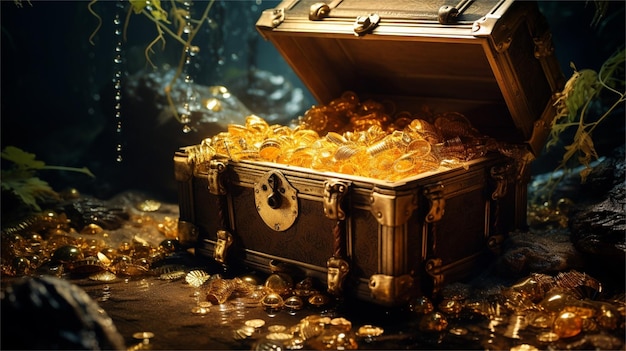 Premium Photo | The gold treasure chest is made of gold coins.