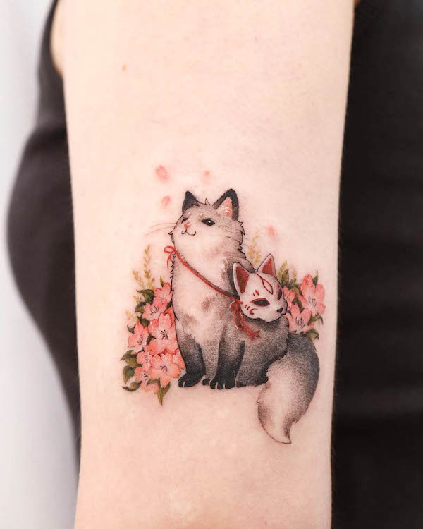 Cat with fox mask tattoo by @yusoo.tattoo