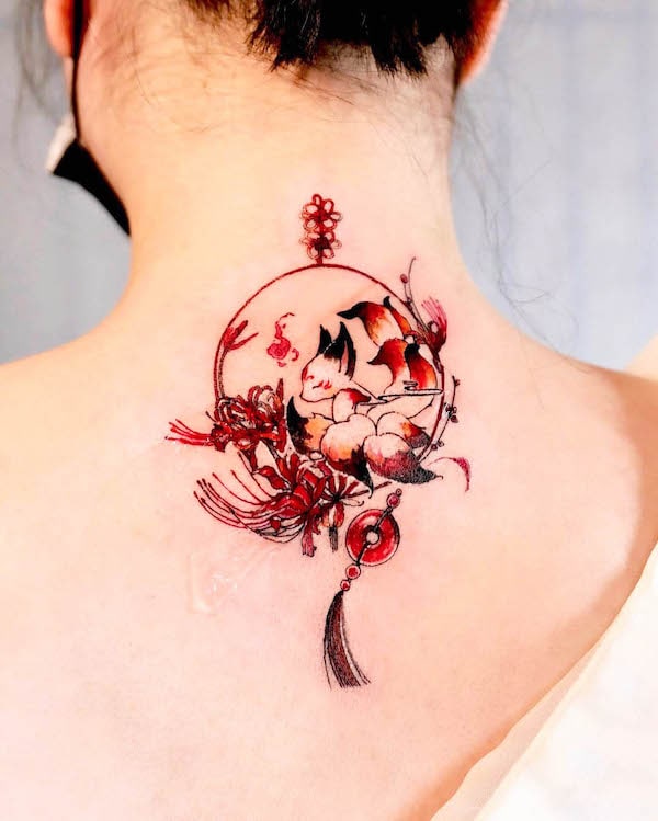 Flowers and red fox tattoo by @seolheetattoo