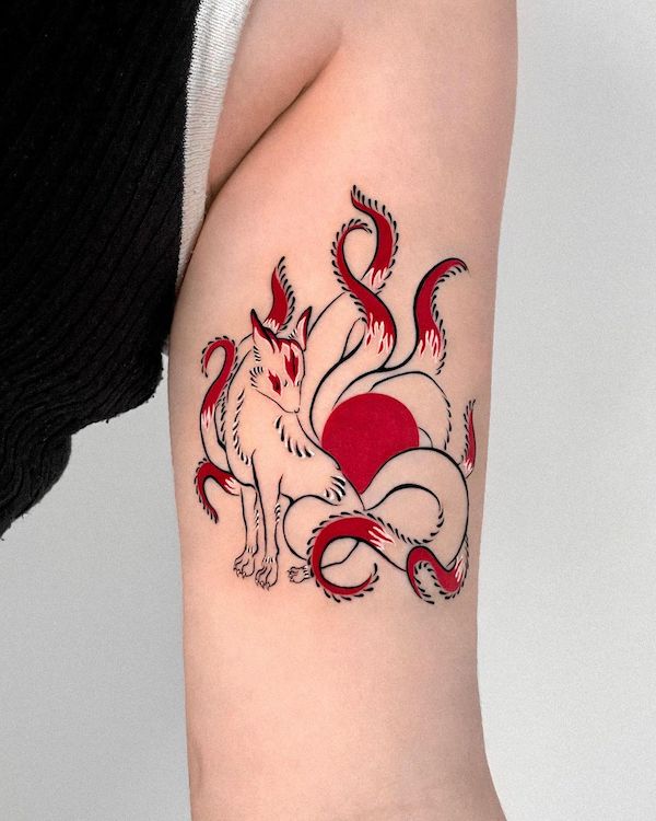 Red nine-tailed fox tattoo by @offtattooer