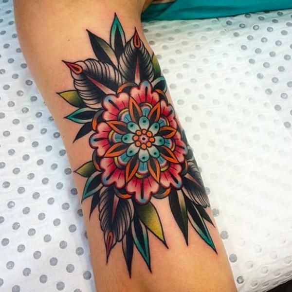 American traditional dahlia tattoo