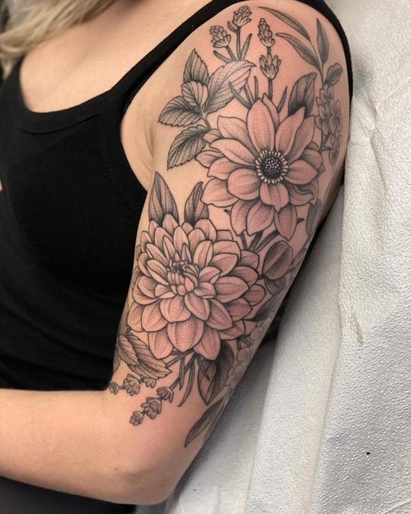 black and grey dahlia and daisy tattoo