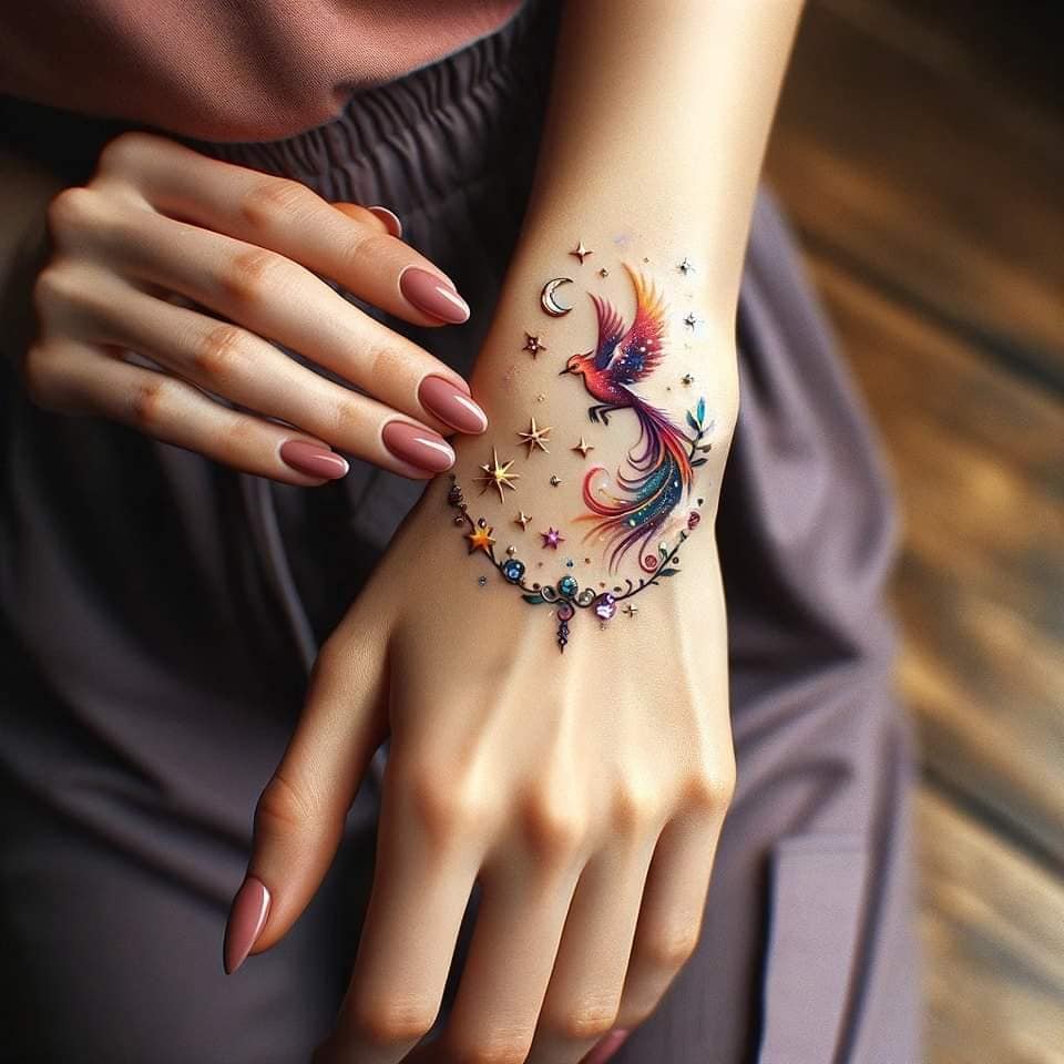 65 Ideas de Tattoos Hechos con IA ave fenix colorida con estrellas y lunas doradas simil pulsera en muñeca